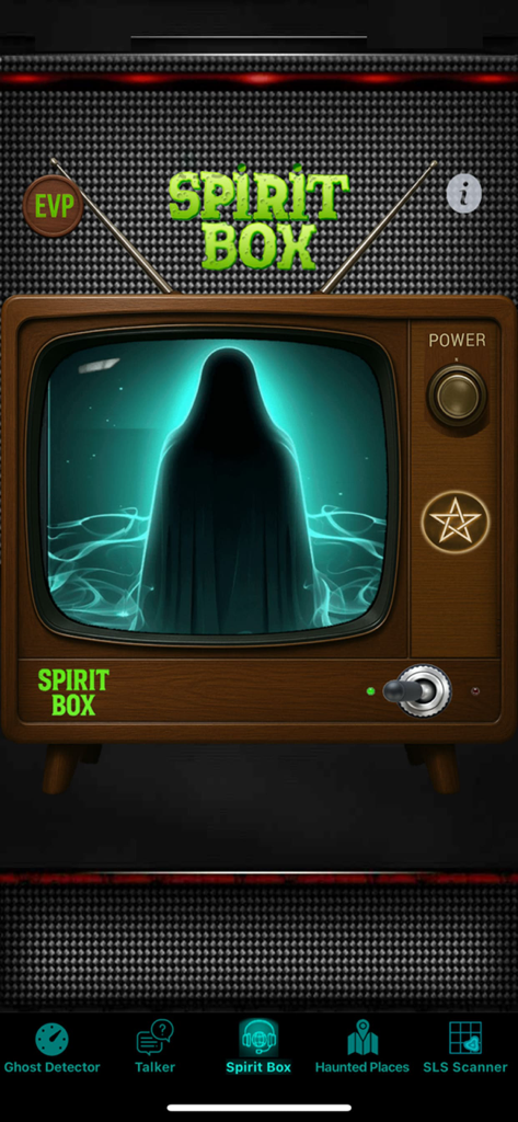 Spirit Contact Talker - Spirit Contact Talker app interface showing the Spirit Box feature with a ghostly silhouette on a vintage television screen
