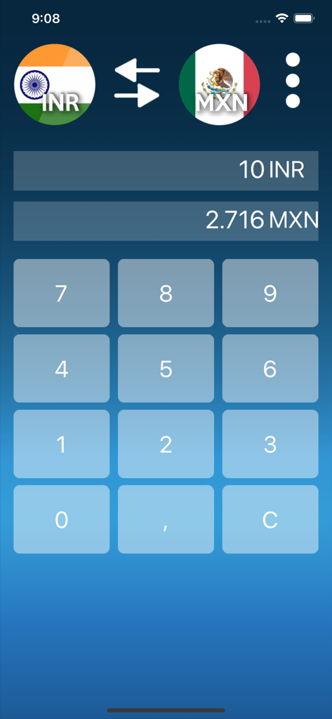 Currency Converter Easy - Die App Currency Converter Easy zeigt eine Umrechnung von 10 Indischen Rupien in 2,716 Mexikanische Pesos mit einer numerischen Tastatur an.