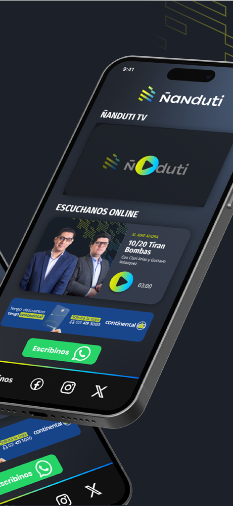 Ñanduti - Pantalla de iPhone mostrando la interfaz de la aplicación Nanduti con opciones de transmisión de radio y TV en vivo