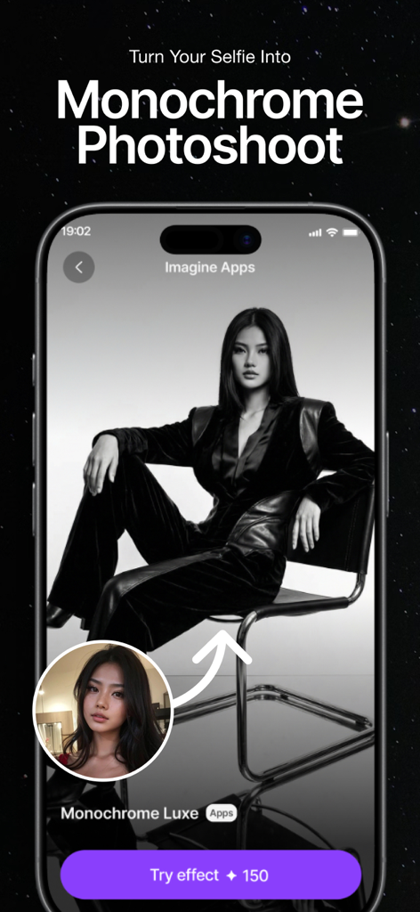 ImagineArt: AI Video Generator - ImagineArt aplicación transformando un selfie casual en un retrato profesional de sesión de fotos en blanco y negro