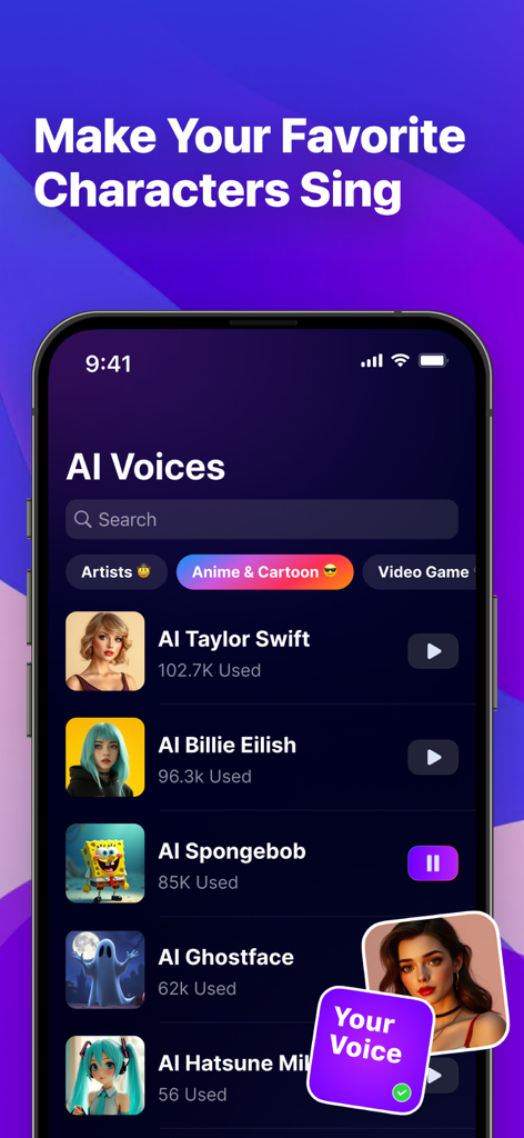 MusiCover-AI Song Cover&Clone - Interface of the MusiCover app showing a list of AI voices including famous artists and cartoon characters for song covers