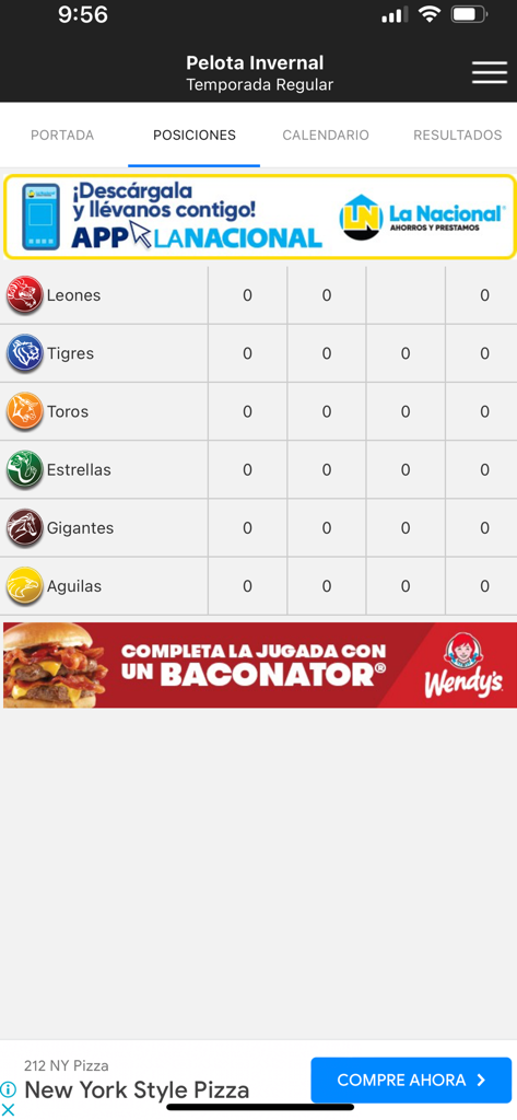 Pelota Invernal - The standings screen of the Pelota Invernal app showing the rankings for the Dominican Professional Baseball League teams.