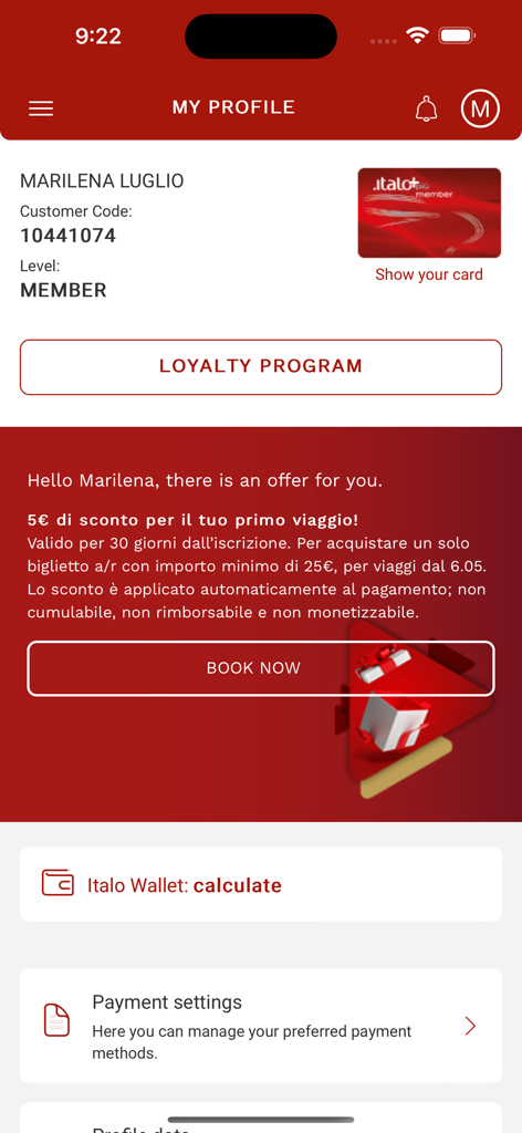 Italo: Italian Highspeed Train - User profile screen in the Italo high-speed train app showing loyalty member status and a discount offer.