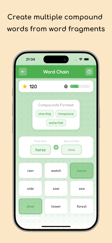 Uma captura de tela de um aplicativo móvel mostrando o modo de jogo Word Chain onde os usuários combinam fragmentos de palavras como horse e shoe para formar palavras compostas.