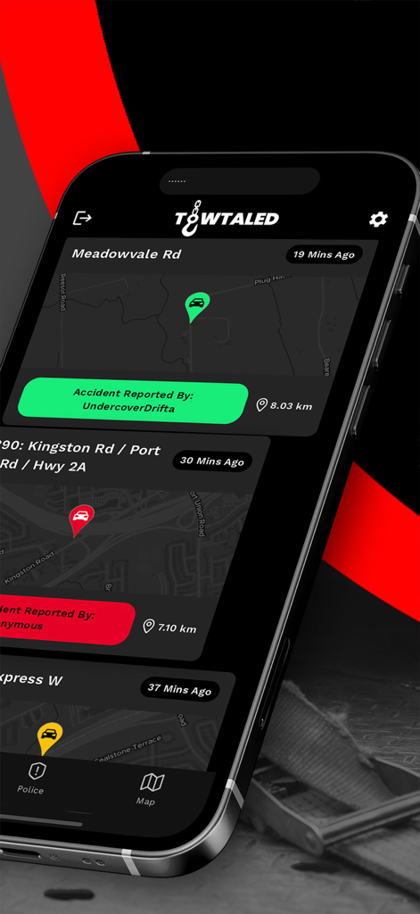Towtaled - Incident Tracking - Towtaled mobile app displaying real-time traffic accidents and incident reports for tow truck operators