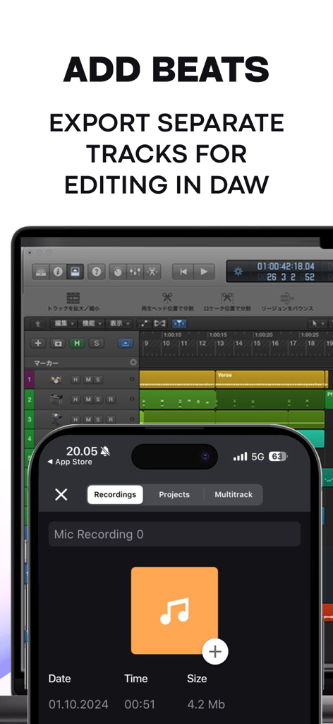 Interfaccia dell'app per smartphone che mostra le opzioni di esportazione della registrazione vocale accanto a una workstation audio digitale desktop