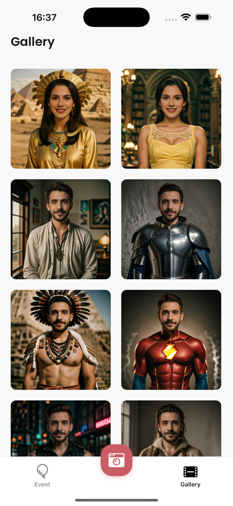 Photobooth AI - Vista de galería de retratos temáticos generados por IA que incluyen disfraces de caballero y superhéroe