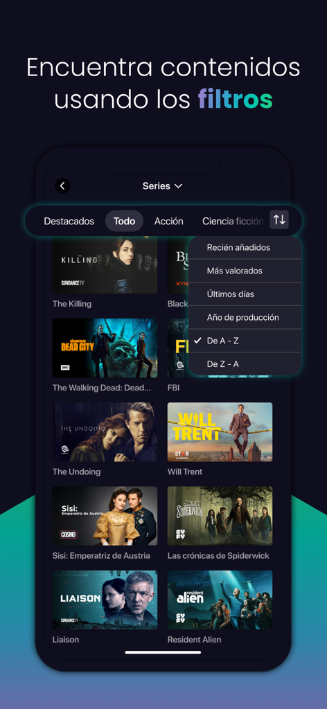 Agile TV mobile app series catalog with filtering and sorting menu