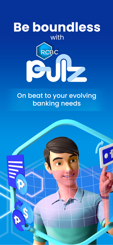 Introductory screen of RCBC Pulz app showing a modern interface for digital banking and currency management.