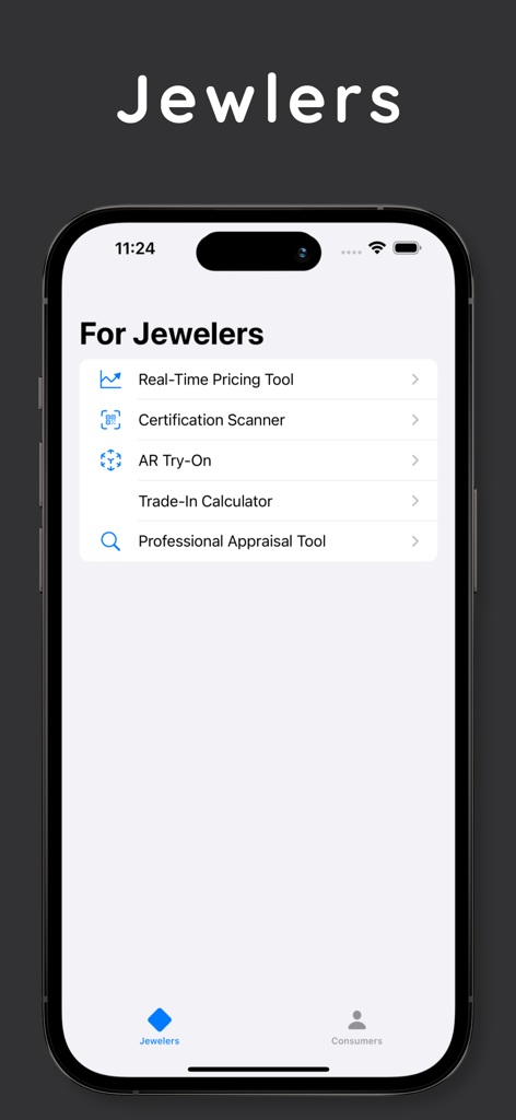 Gem Genius AI app screen showing professional tools for jewelers including real time pricing and certification scanner