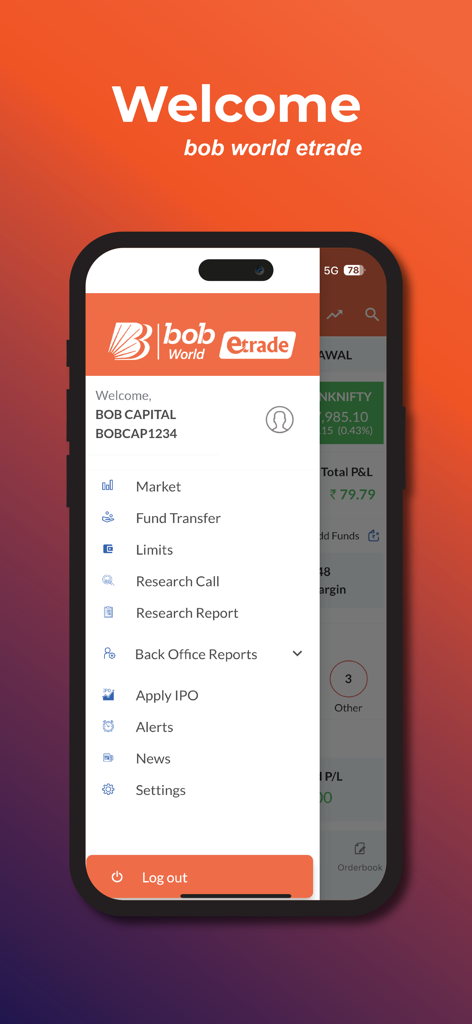 bob World etrade. - bob World etradeモバイルアプリのサイドナビゲーションメニュー。マーケット、ファンド転送、IPO申請などのアカウントと取引オプションが表示されています。