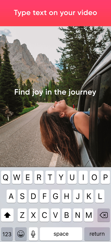 MakeMyMovie-Movie maker - A travel video being edited with custom text overlay and a smartphone keyboard