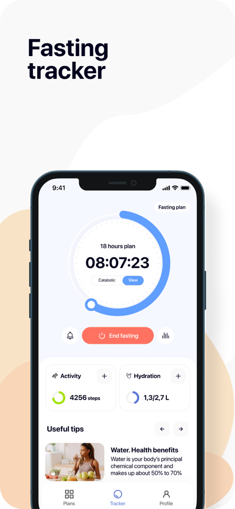 Intermittent Fasting Tracker! - Interface do aplicativo Nutry com temporizador de jejum, contador de passos diários e rastreador de ingestão de água