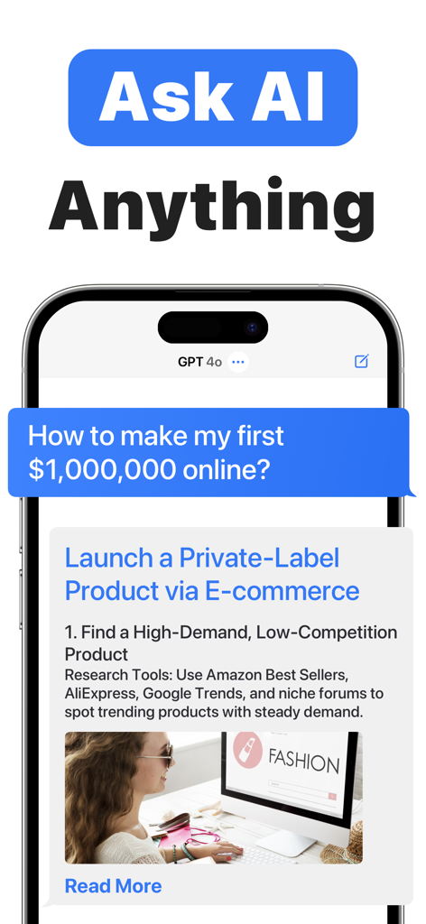KI-Chat-Chatbot-App-Oberfläche, die eine Antwort auf die Frage zeigt, wie man online mit E-Commerce-Beratung Geld verdient