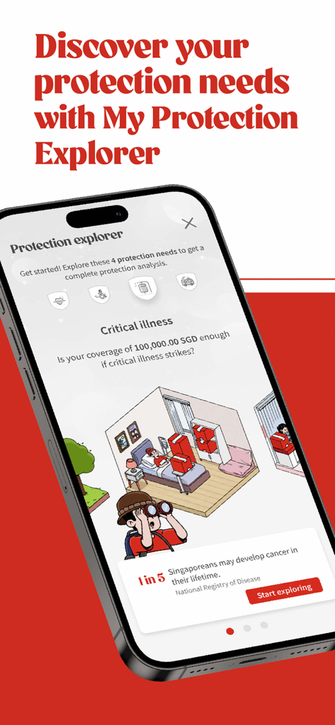 Great Eastern Singapore - A smartphone displaying the Great Eastern Singapore app's Protection Explorer feature for critical illness insurance analysis.