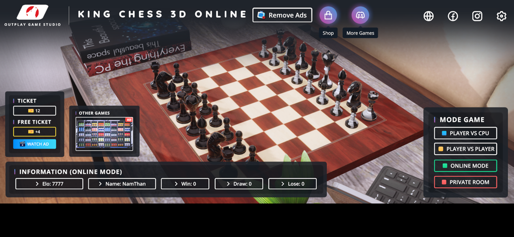 Menú principal de King Chess 3D Online con un tablero de ajedrez 3D realista y opciones de modo de juego
