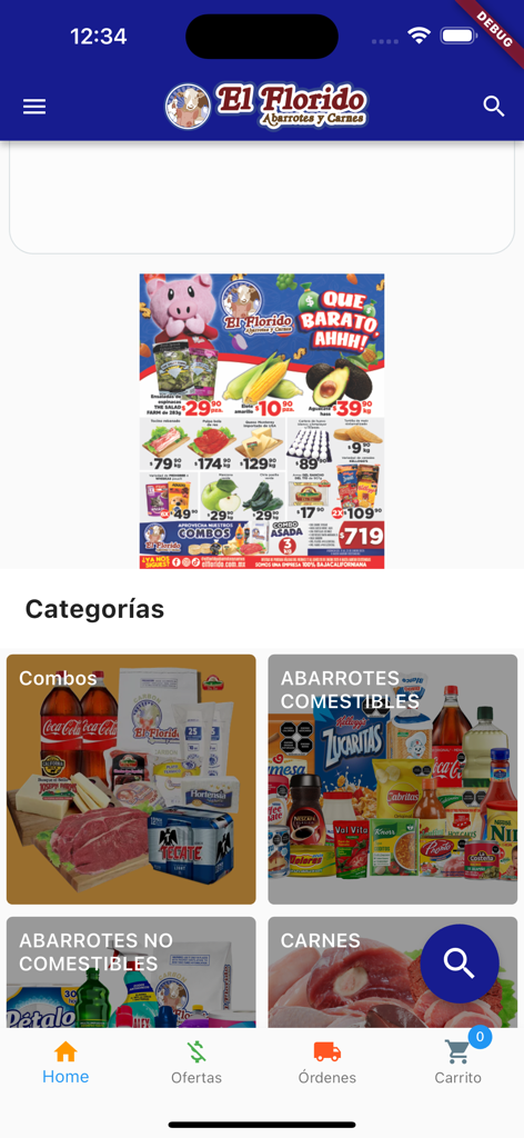 El Florido - Pantalla de inicio de la app de compras El Florido mostrando categorías de productos y ofertas semanales