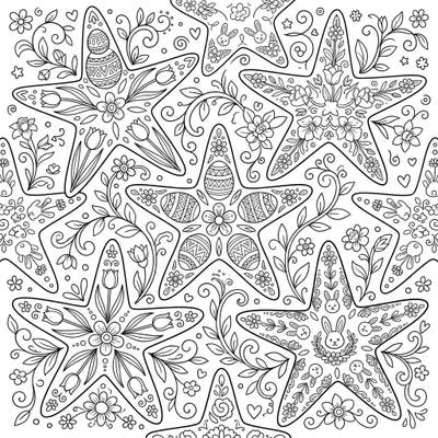 Dive into an ocean of creativity with this intricate adult coloring page, blending beautiful sea stars with festive Easter motifs. Featuring delicate florals, charming bunnies, and decorative eggs, it offers a wonderfully detailed challenge for mindful coloring.