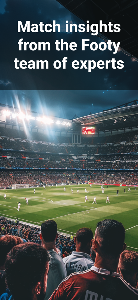 Footy+ Live Soccer Analyst - Crowded soccer stadium at night with Footy team expert match insights text