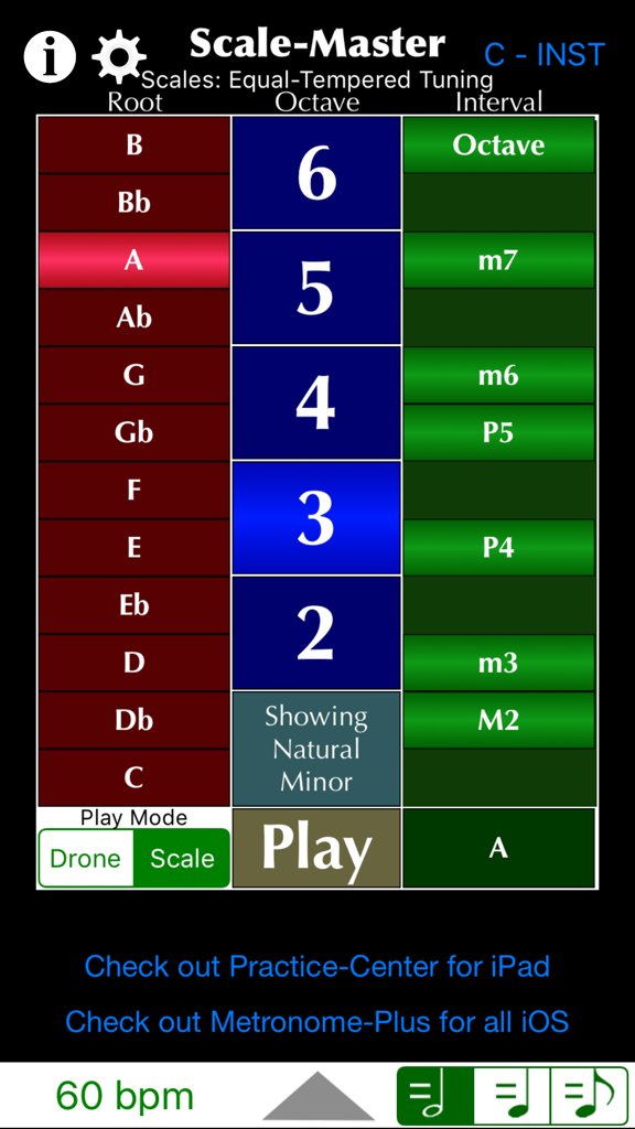 Scale-Master - Interfaz de la aplicación Scale Master para la entonación musical y la práctica de drones