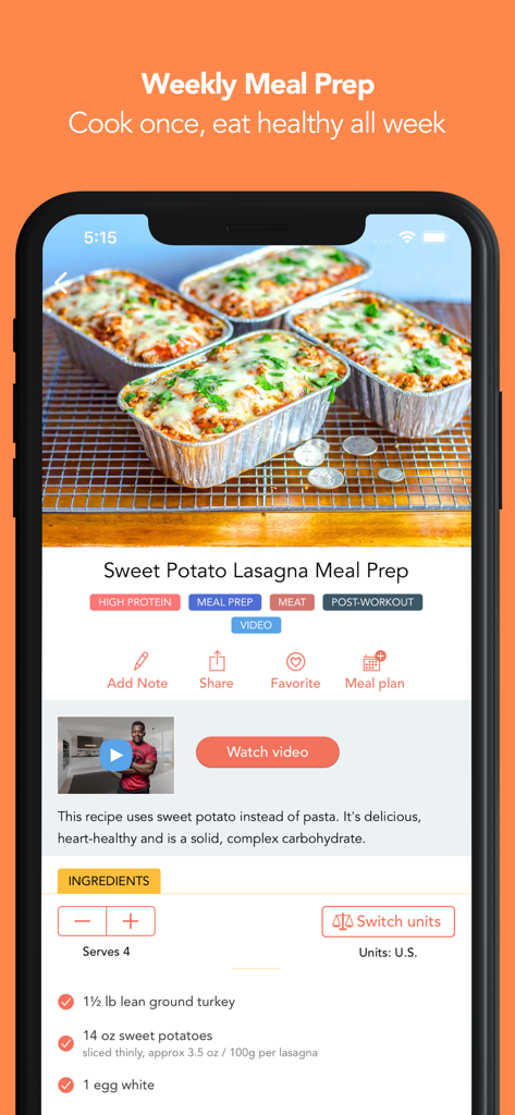 FitMenCook - Healthy Recipes - FitMenCook app screen showing a healthy sweet potato lasagna recipe with meal prep instructions and ingredients.