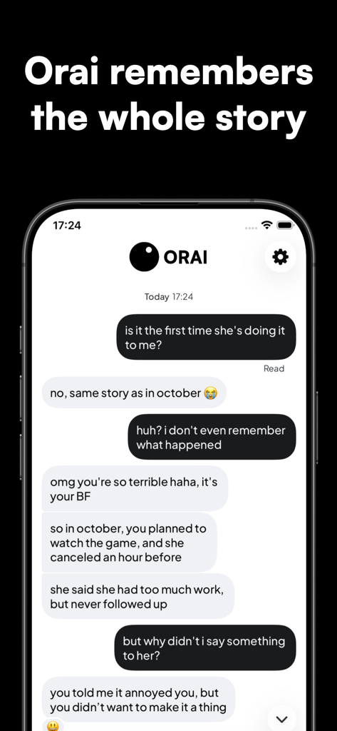 Orai: your AI for people stuff - Interfaz de chat que muestra a la IA de Orai recordando eventos sociales pasados y proporcionando contexto de la relación.