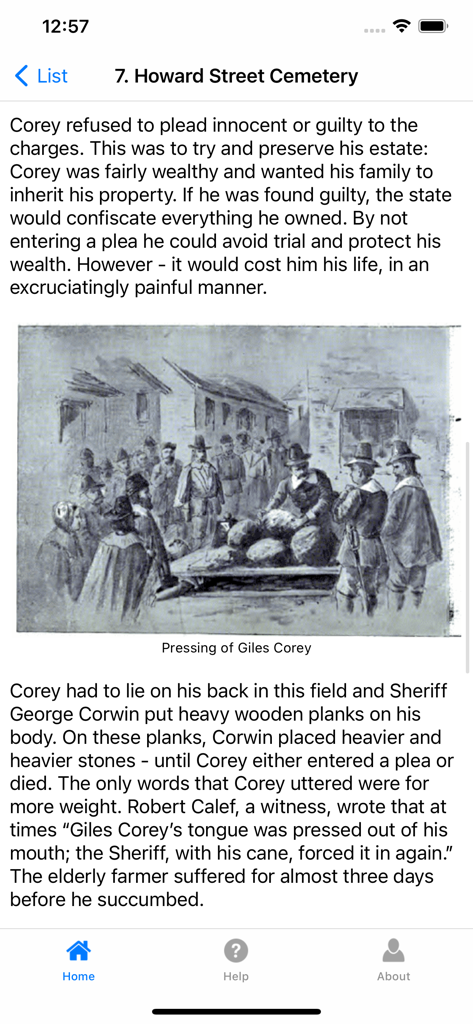 Salem Witches Tour - Screenshot of the Salem Witches Tour app detailing the history of Giles Corey at Howard Street Cemetery.