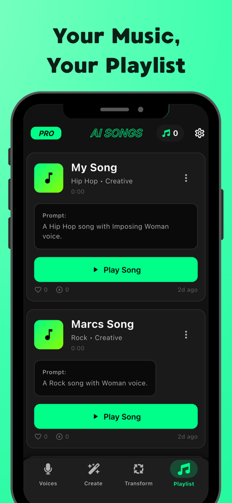 AI Song Generator & Maker Pro - A smartphone screen displaying a personal playlist of songs generated by the AI Song Generator and Maker app
