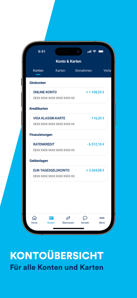 Mobile phone screen showing the TARGOBANK banking app account overview for checking and credit card balances