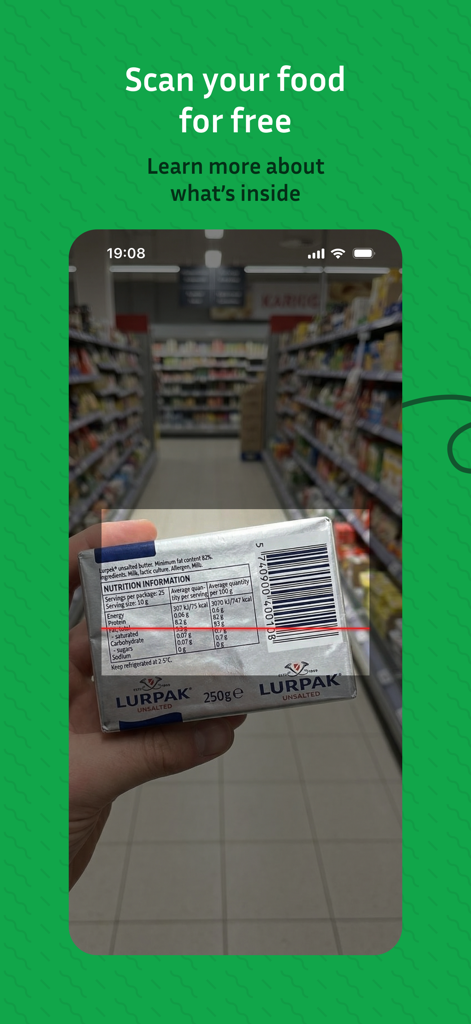 The Food App – Scan and swap - A hand holding a butter package while the app scans its barcode and nutritional label in a grocery store