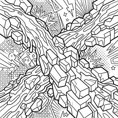 Unleash your creativity with this striking coloring page featuring blocky lava flows rendered in an energetic Pop Art style. Experience dynamic outlines, halftone patterns, and angular forms that bring a volcanic eruption to life with your own vibrant colors.