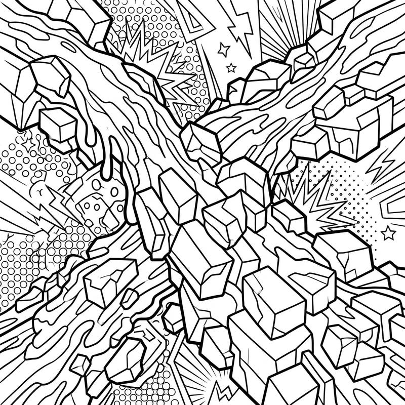 Unleash your creativity with this striking coloring page featuring blocky lava flows rendered in an energetic Pop Art style. Experience dynamic outlines, halftone patterns, and angular forms that bring a volcanic eruption to life with your own vibrant colors.