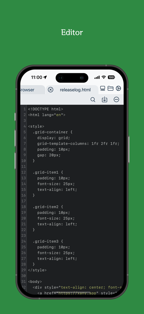 Xany app interface showing a code editor with HTML and CSS syntax on an iPhone
