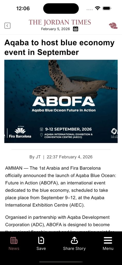 The Jordan Times - A news article titled Aqaba to host blue economy event in September on The Jordan Times mobile app.