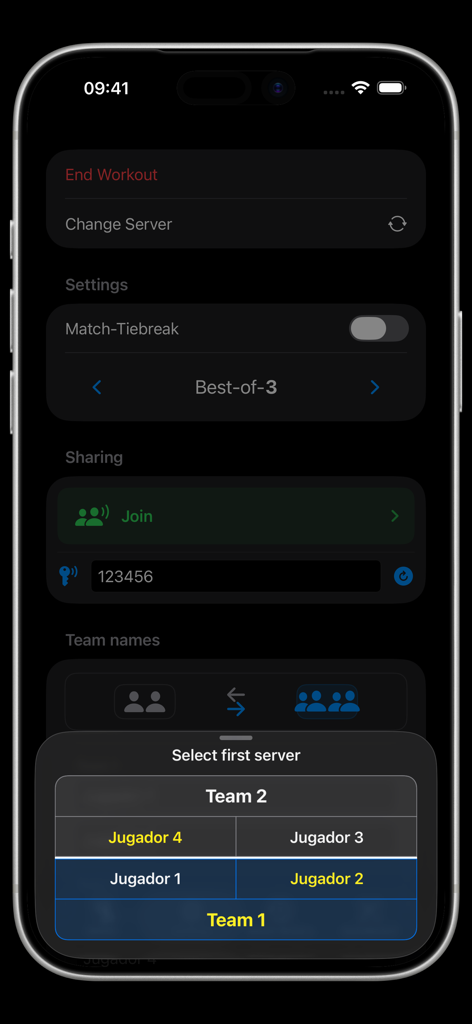 試合設定とプレイヤーサーバー選択を表示するテニスウォッチカウンターアプリインターフェース
