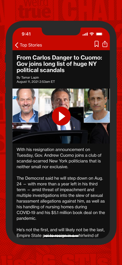 New York Post for iPhone - New York Post app displaying a news article about political scandals in dark mode