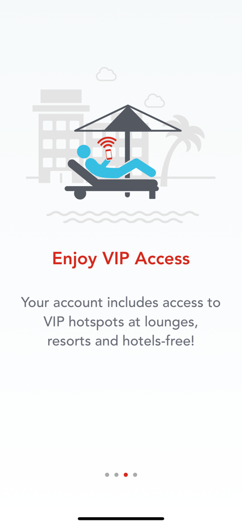 Una ilustración de un viajero en un sillón usando un teléfono inteligente con un símbolo de Wi-Fi, anunciando acceso VIP gratuito a puntos de acceso en salones, resorts y hoteles.