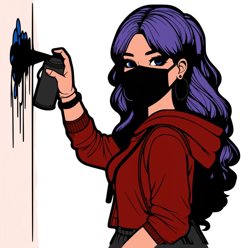 realistic girl with mask spray painting a wall