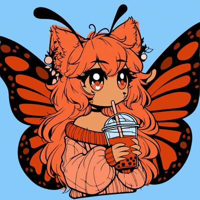 a realistic butterfly/furry girl drinking boba