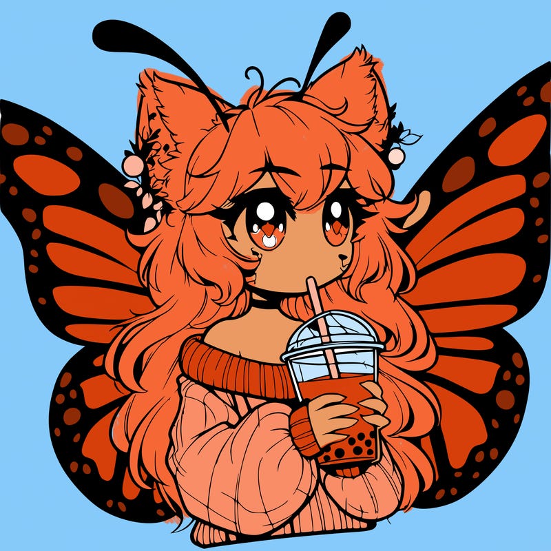 a realistic butterfly/furry girl drinking boba