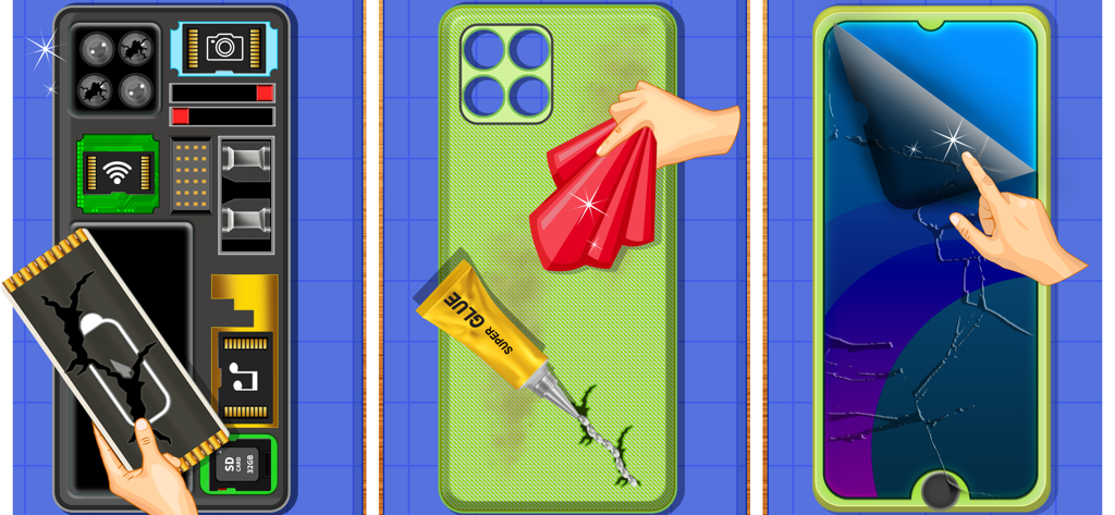 Electronics Repair Master - Vista de tres paneles del juego mostrando el reemplazo de la batería, la limpieza de la carcasa de un teléfono y la reparación de una pantalla rota.