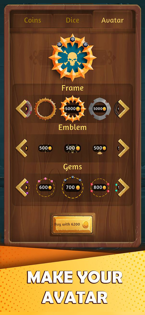 Lucky Ludo - Lucky Ludo app screen showing avatar customization with frames emblems and gems