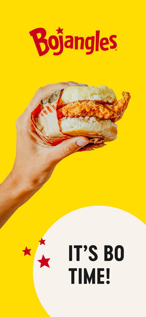 Bojangles Restaurant - Hand holding a Bojangles fried chicken biscuit sandwich with the slogan It's Bo Time