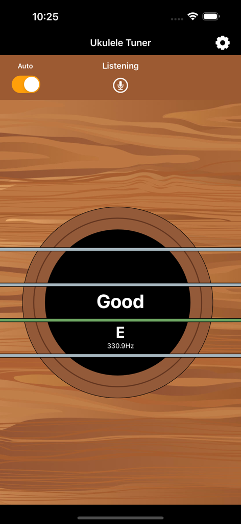 Ukulele String Tuner - Interface of the Ukulele String Tuner app showing an in-tune E string