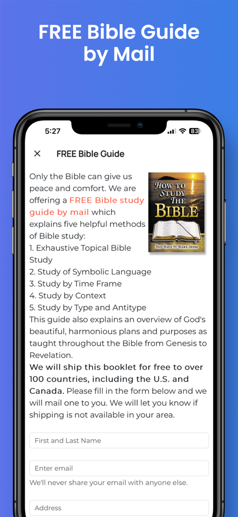 Bildschirm in der Bibel-Antworten-App, der einen kostenlosen physischen Bibelstudienführer per Post mit einem Anfrageformular anbietet.