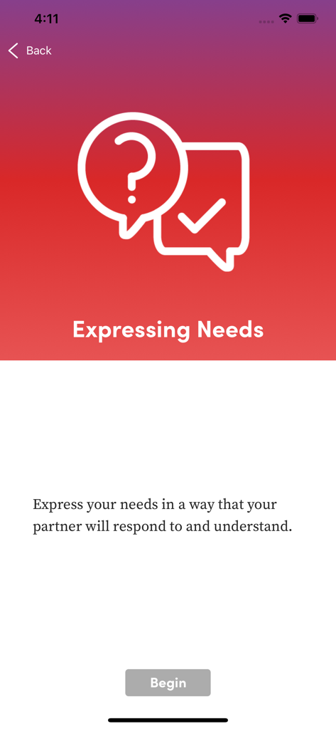 Introductory screen for the Expressing Needs card deck in the Gottman Card Decks app