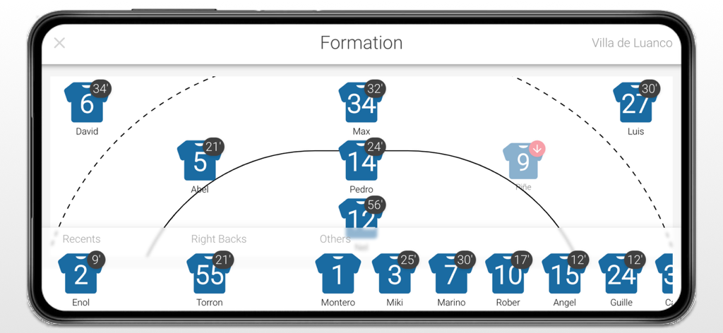 Handball scoreboard app formation view showing player positions and playing time statistics