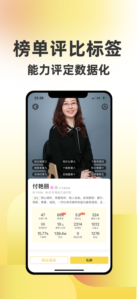 Counselor profile screen in Geli Psychology app displaying professional rankings and user service statistics.