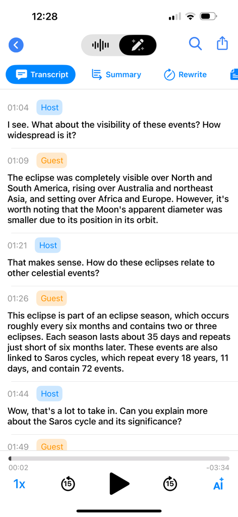 Mobile app interface showing an AI powered transcript of a conversation between a host and guest about a celestial eclipse