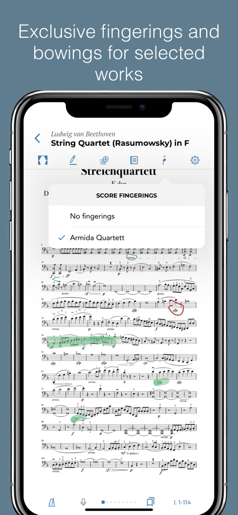 Die Henle Library App zeigt Optionen für professionelle Fingersätze in der Partitur.
